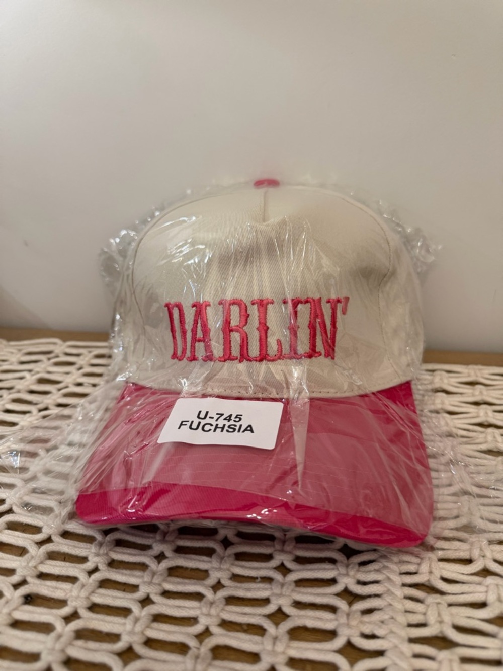 Zenana Outfitters Cream and Fuchsia 'Darlin' Embroidered Baseball Cap